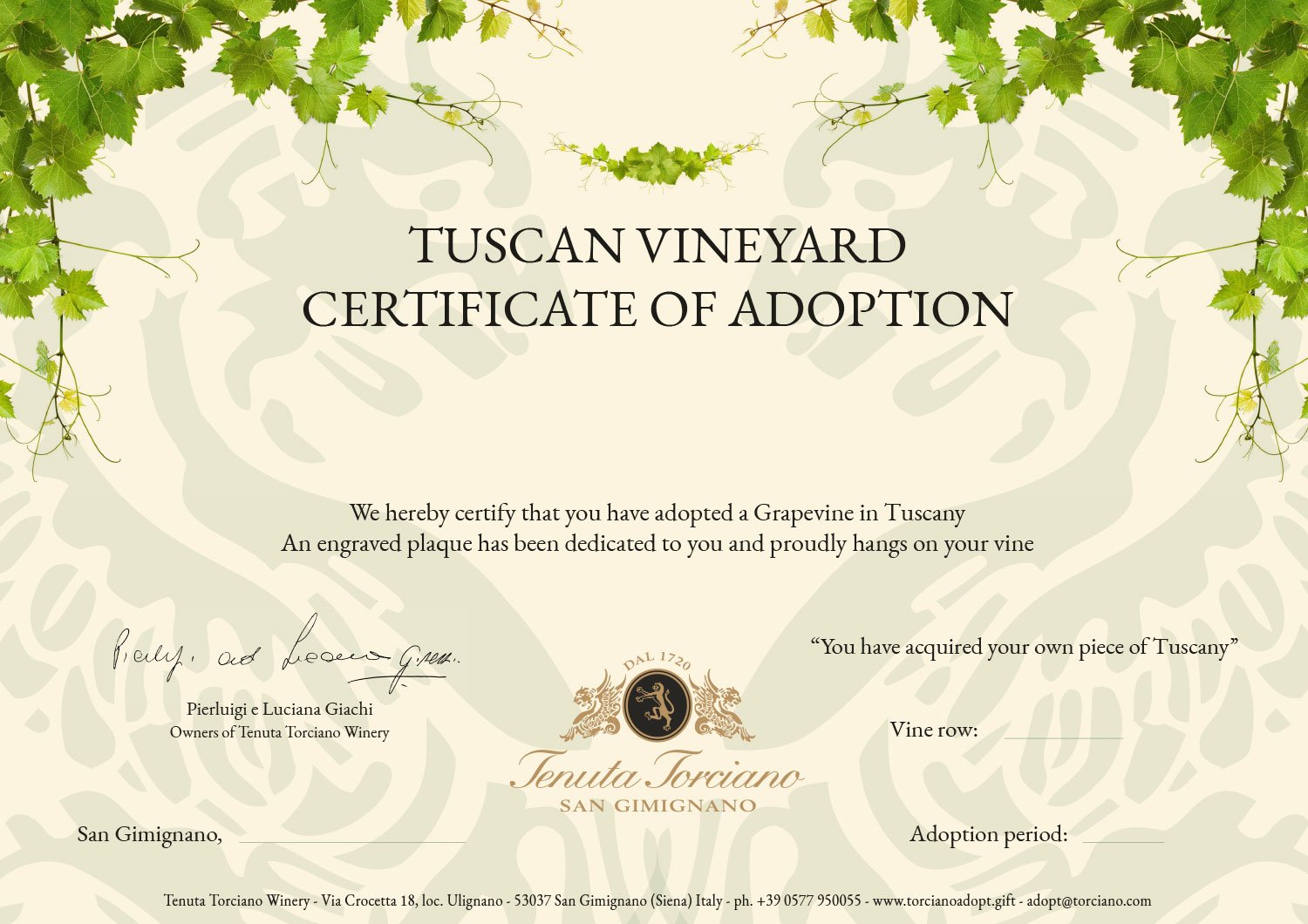 The Tuscan vineyard Certificate of Adoption, before the name and the row are filled in
