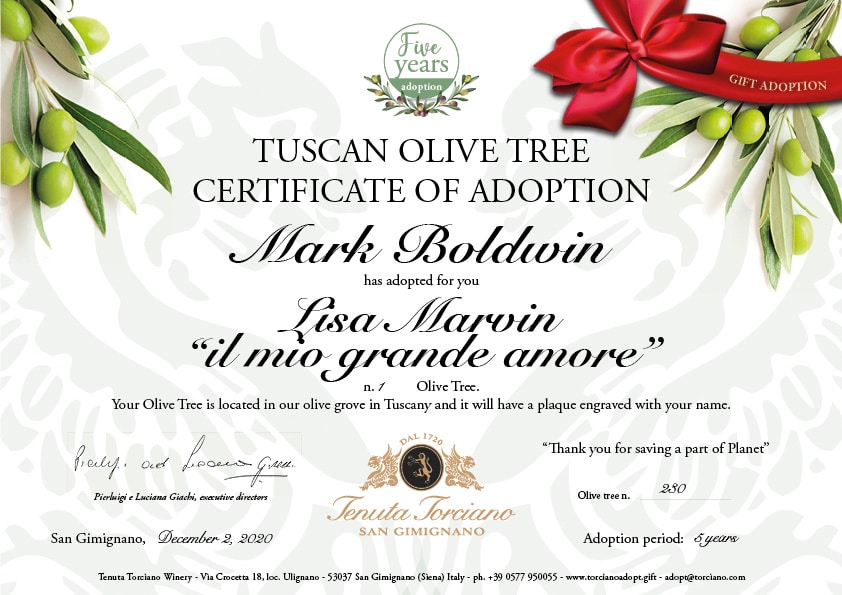 Gift certificate of adoption for a Tuscan olive tree