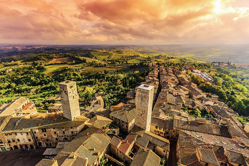 Aerial view of San Gimignano and its towers at sunset