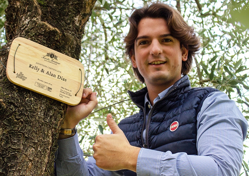 Personalised wooden adoption plaque on an adopted olive tree