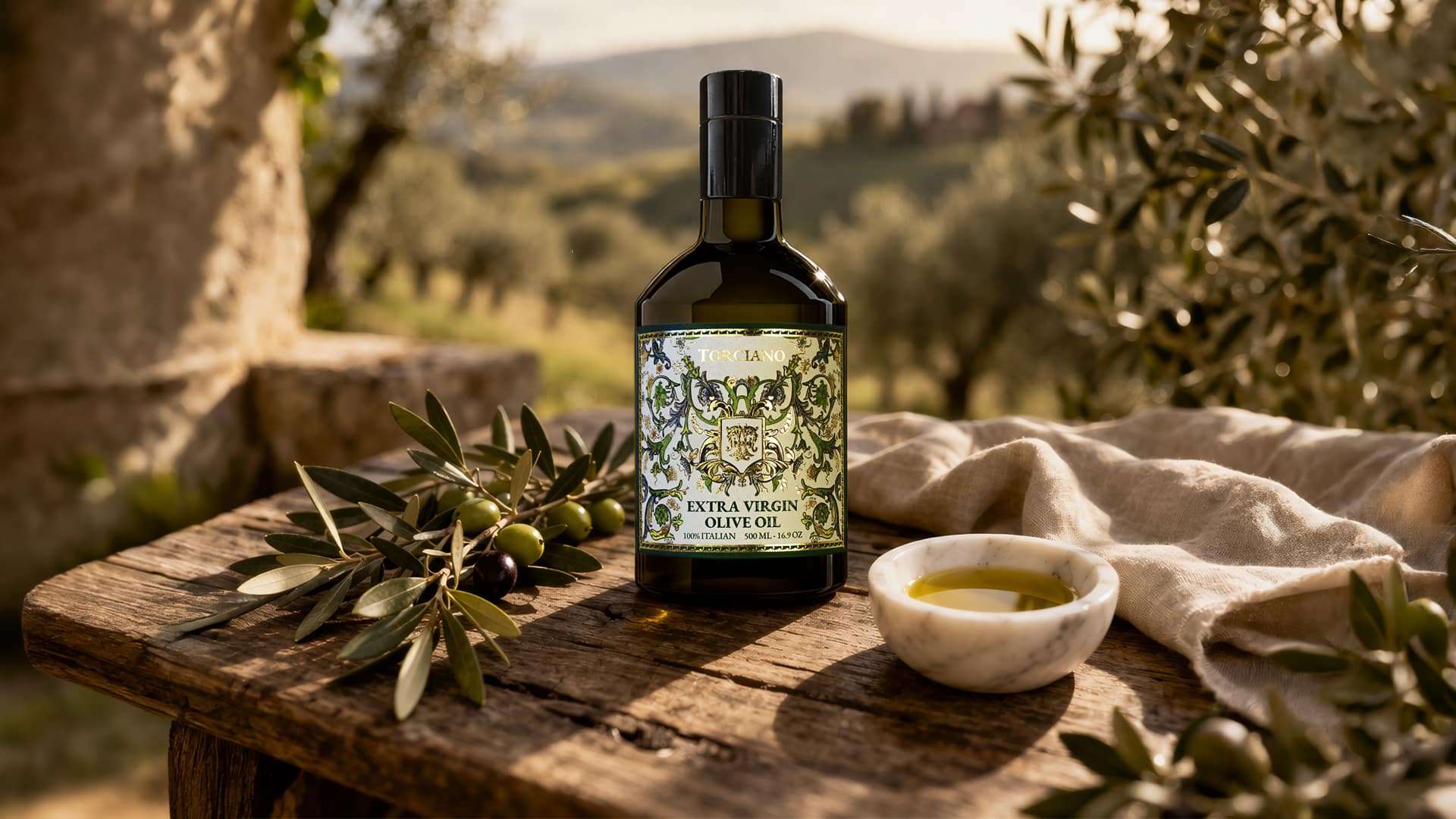 Bottle of Florentia extra virgin olive oil on a wooden table in a Tuscan olive grove